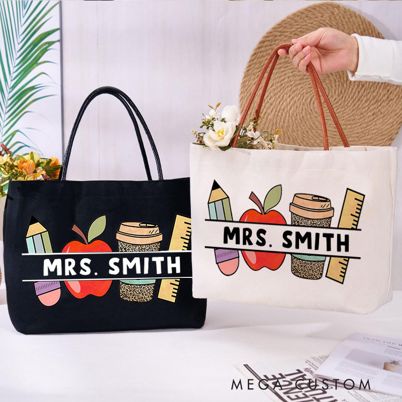 Personalized Teacher Canvas Tote Bag Pencil Apple Coffee Design Appreciation Gift for Teachers