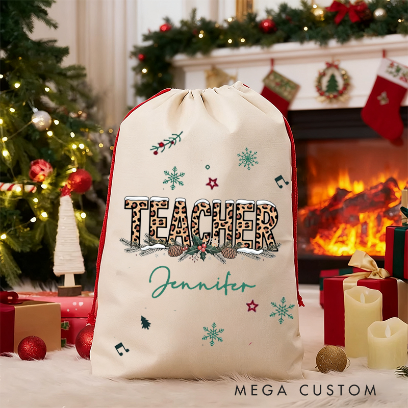 Personalized Teacher Christmas Gift Sack Snowy Teacher Design Santa Bag