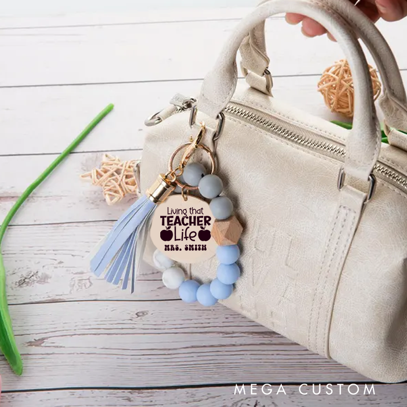 Personalized Teacher Keychain Teacher Life Apple Design Silicone Beads Bracelet Keychain Wooden Engraved Wristlet Keychain Teacher Appreciation Gift