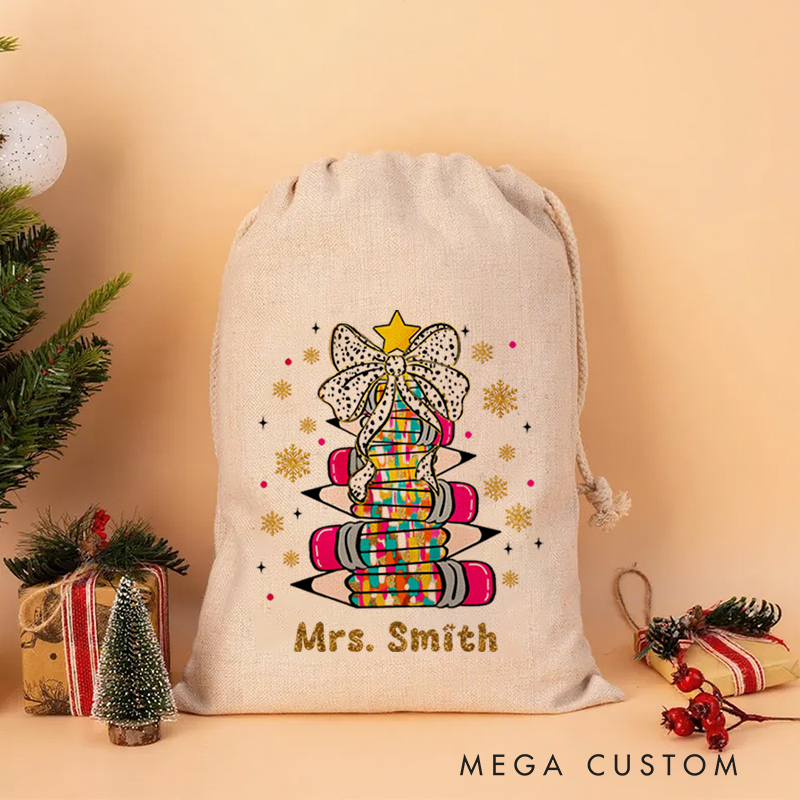 Personalised Christmas Santa Sack for Teachers Custom Star Bow Pencil Design Sack Christmas Gift