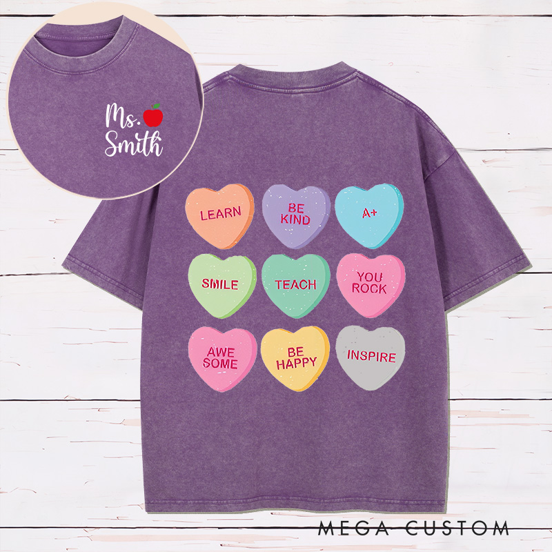 Personalized Teacher Two Sides Printed Washed T-Shirt Customized Teacher Heart Design Washed T-Shirt
