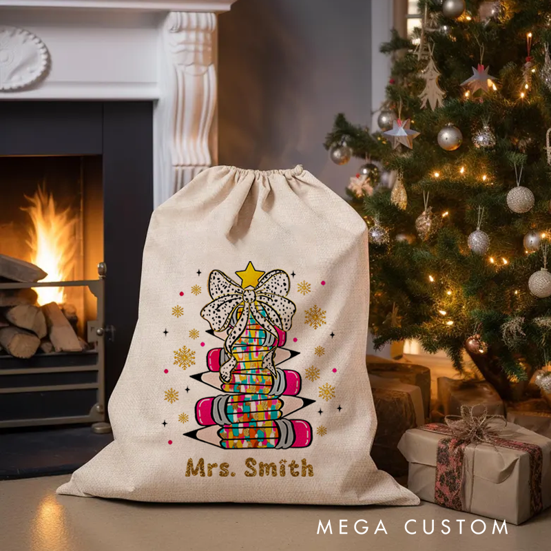 Personalised Christmas Santa Sack for Teachers Custom Star Bow Pencil Design Sack Christmas Gift