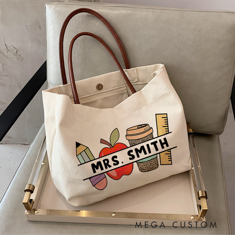 Personalized Teacher Canvas Tote Bag Pencil Apple Coffee Design Appreciation Gift for Teachers