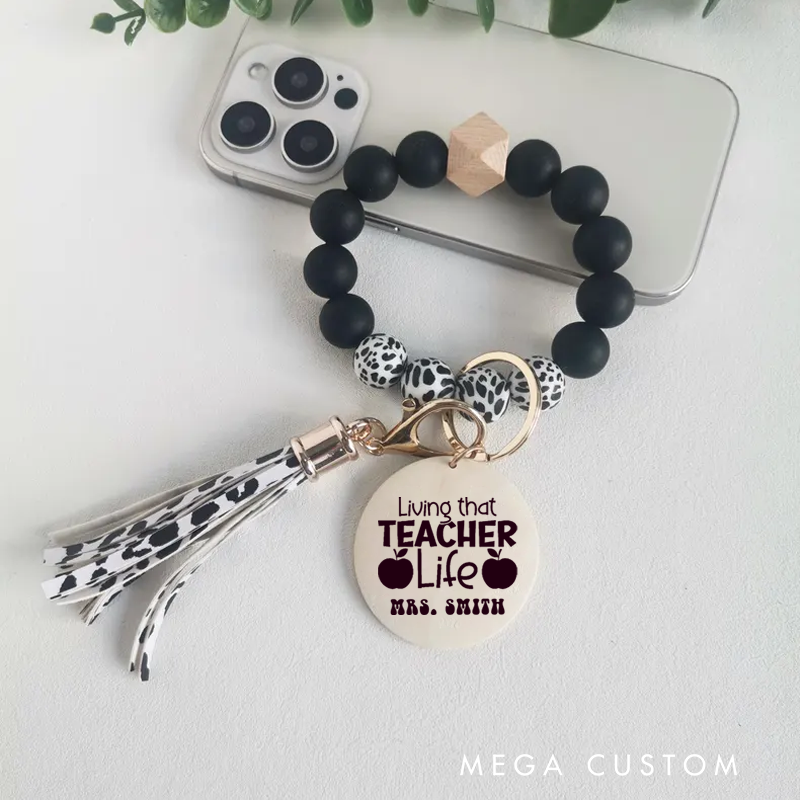 Personalized Teacher Keychain Teacher Life Apple Design Silicone Beads Bracelet Keychain Wooden Engraved Wristlet Keychain Teacher Appreciation Gift