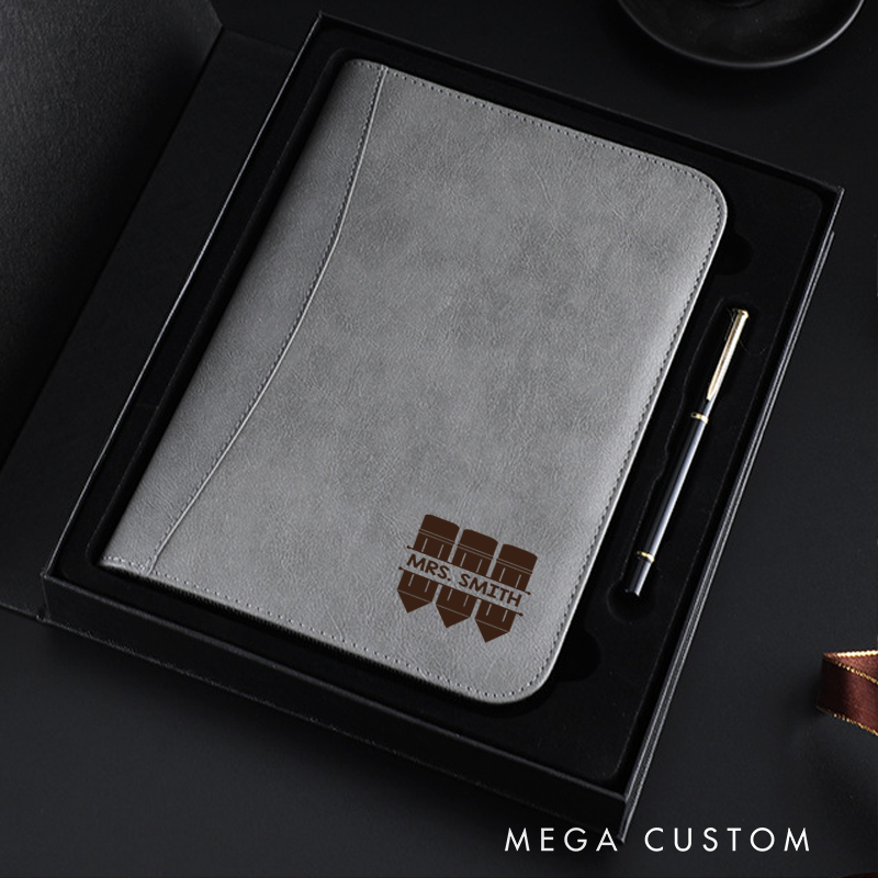 Personalized Teacher Notebook A5 PU Leather Zipper Notebook Pencil Design Teacher Appreciation Gift