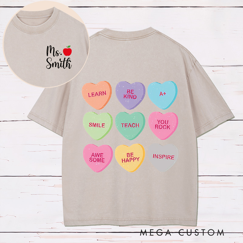 Personalized Teacher Two Sides Printed Washed T-Shirt Customized Teacher Heart Design Washed T-Shirt