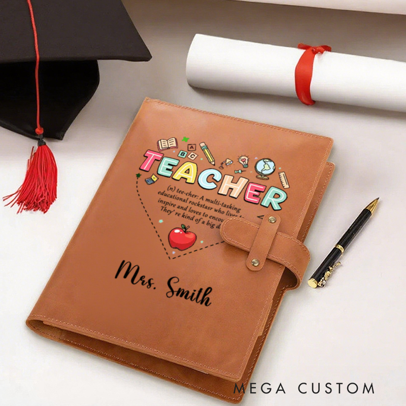 Personalized Teacher A5 Leather Notebook Cover with Pocket Colorful Teaching Design Appreciation Gift for Teachers