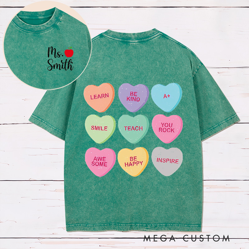 Personalized Teacher Two Sides Printed Washed T-Shirt Customized Teacher Heart Design Washed T-Shirt