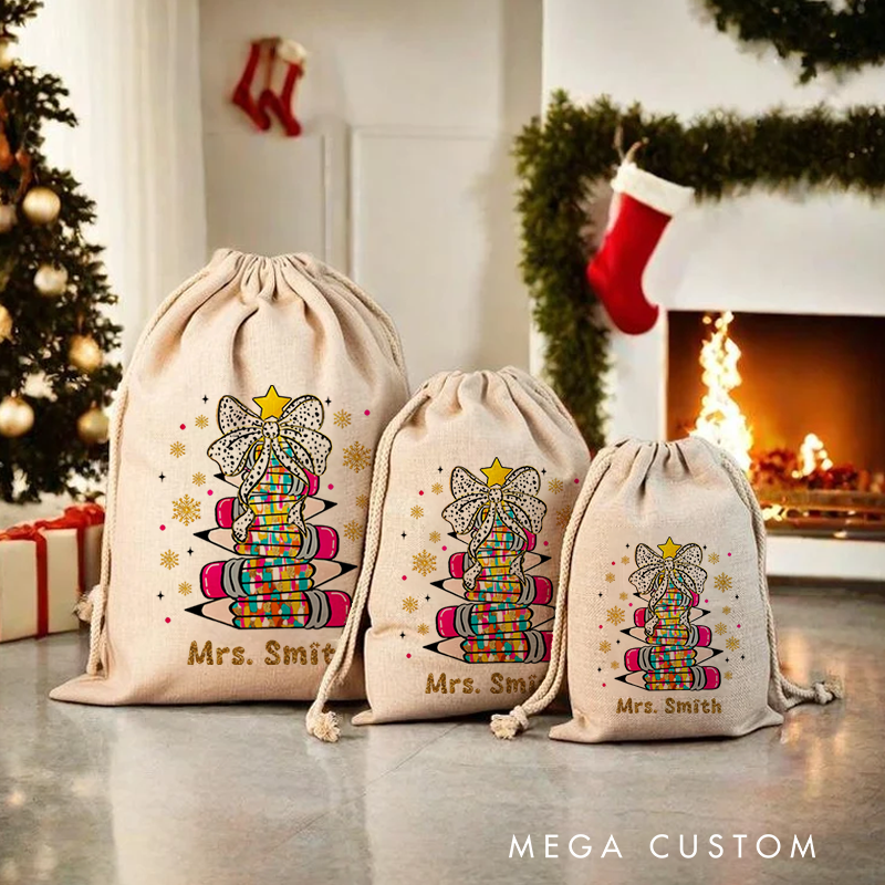 Personalised Christmas Santa Sack for Teachers Custom Star Bow Pencil Design Sack Christmas Gift