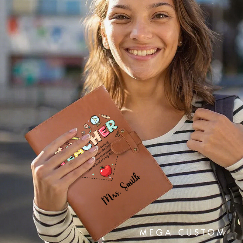 Personalized Teacher A5 Leather Notebook Cover with Pocket Colorful Teaching Design Appreciation Gift for Teachers