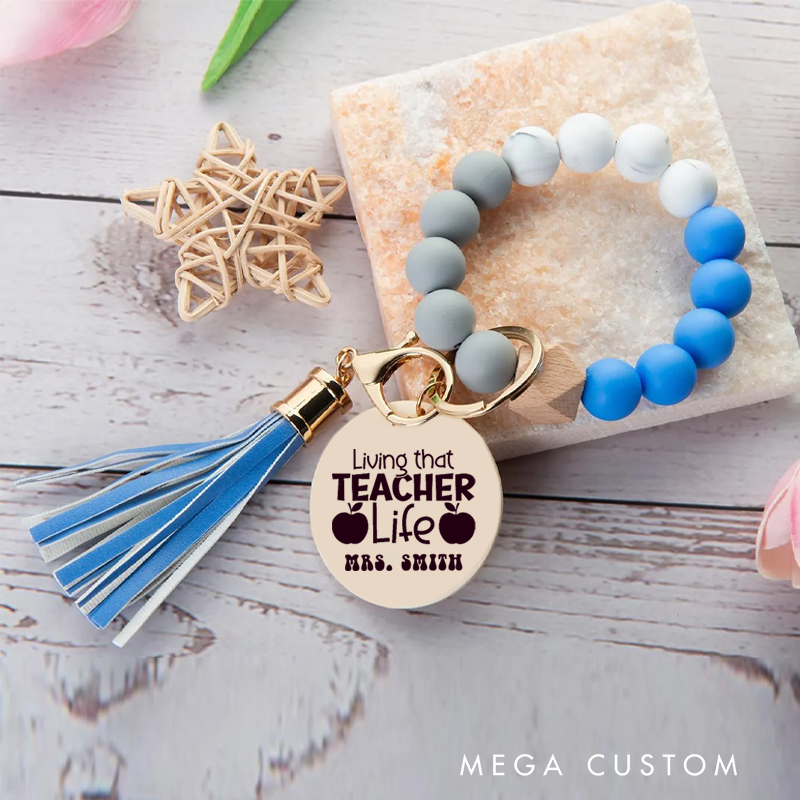 Personalized Teacher Keychain Teacher Life Apple Design Silicone Beads Bracelet Keychain Wooden Engraved Wristlet Keychain Teacher Appreciation Gift