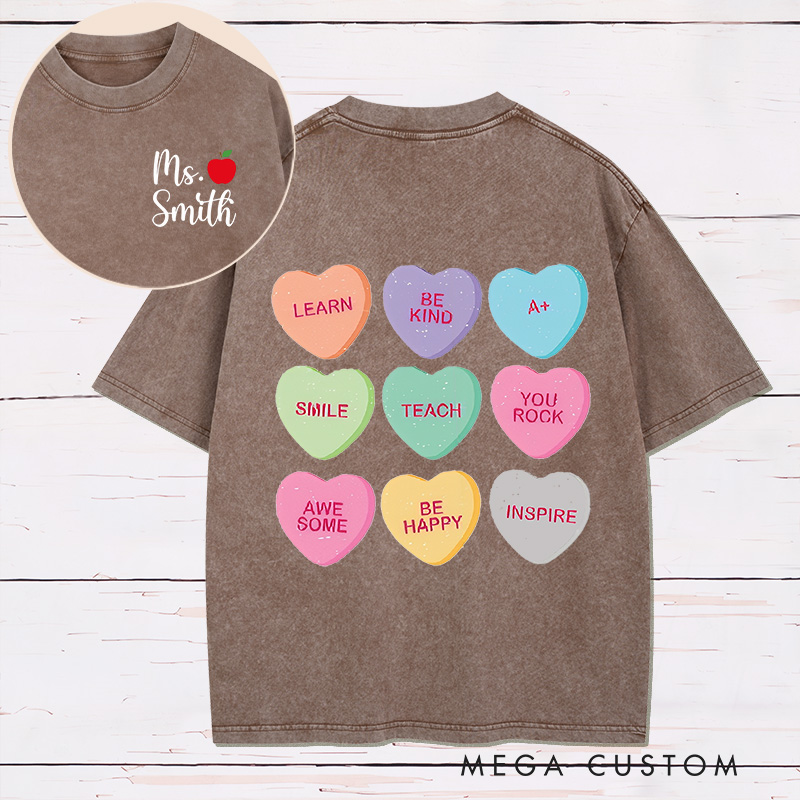 Personalized Teacher Two Sides Printed Washed T-Shirt Customized Teacher Heart Design Washed T-Shirt