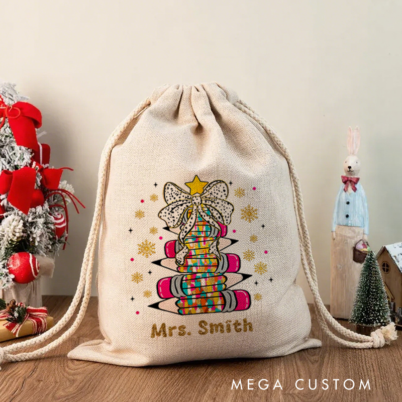 Personalised Christmas Santa Sack for Teachers Custom Star Bow Pencil Design Sack Christmas Gift
