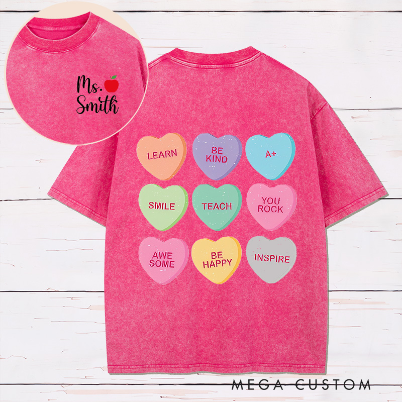 Personalized Teacher Two Sides Printed Washed T-Shirt Customized Teacher Heart Design Washed T-Shirt