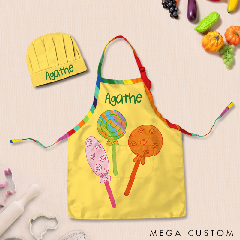 Personalized Colorful Lollipop Adjustable Kid Apron Chef Hat Set with Pocket and Name for Cooking Baking Birthday Holiday Gift for Kids