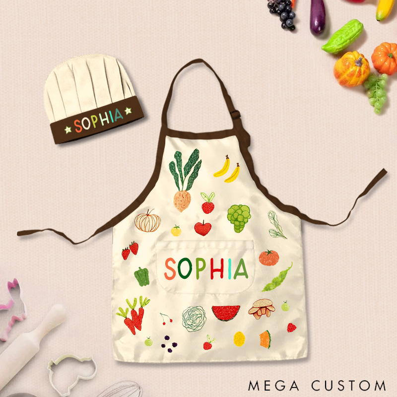 Personalized Hand Drawn Fruits Vegetables Adjustable Kid Apron Chef Hat Set with Pocket and Name for Cooking Baking Birthday Holiday Gift for Kids