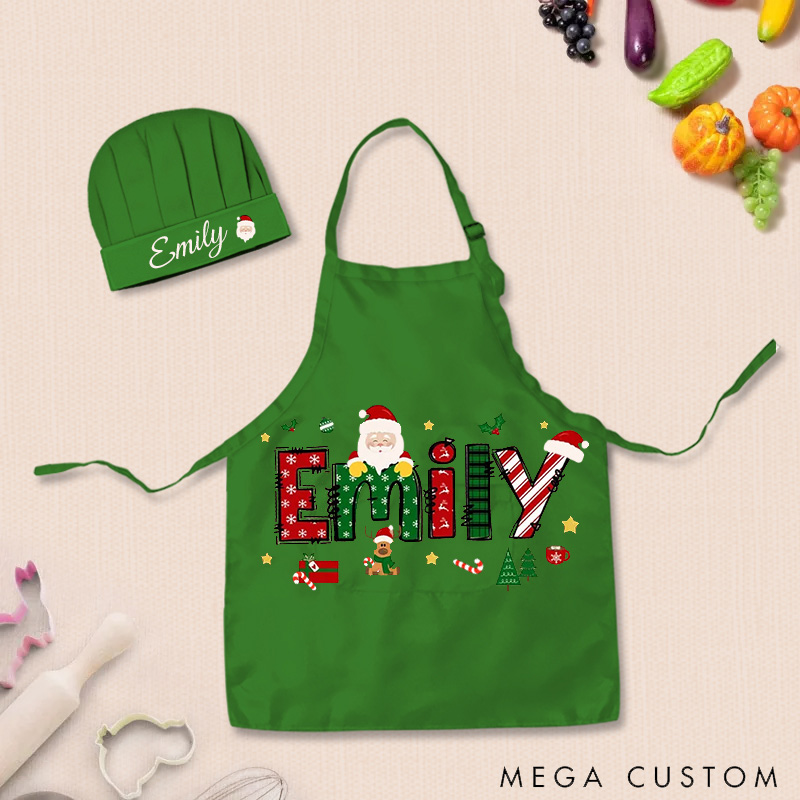 Personalized Christmas Adjustable Kid Apron Chef Hat Set with Pocket and Name for Cooking Baking Birthday Holiday Gift for Kids