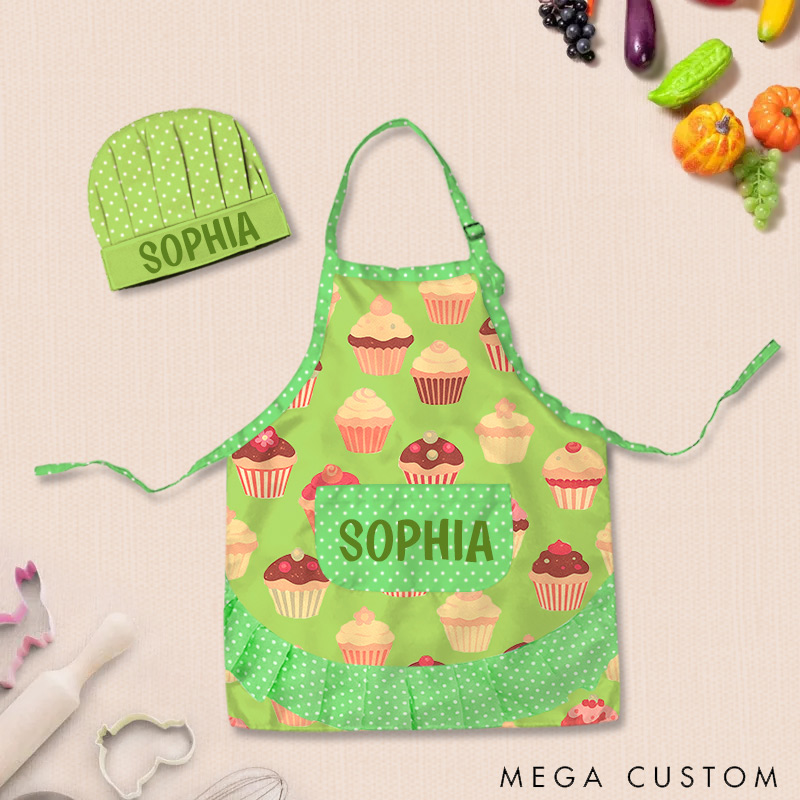 Personalized Cupcake Polka Dot Patchwork Adjustable Kid Apron Chef Hat Set with Pocket and Name for Cooking Baking Birthday Holiday Gift for Kids