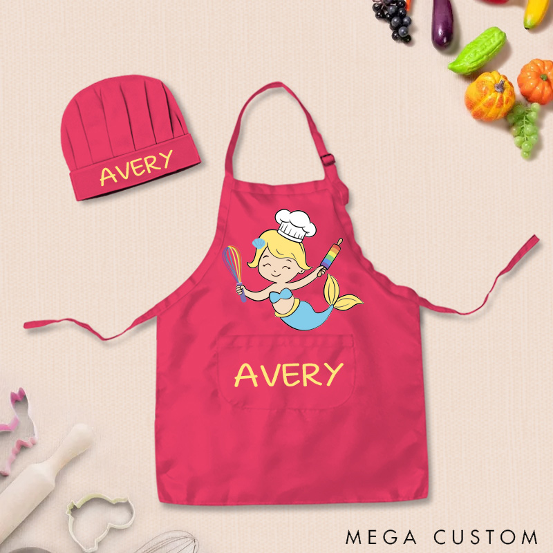 Personalized Mermaid Adjustable Kid Apron Chef Hat Set with Pocket and Name for Cooking Baking Birthday Holiday Gift for Kids