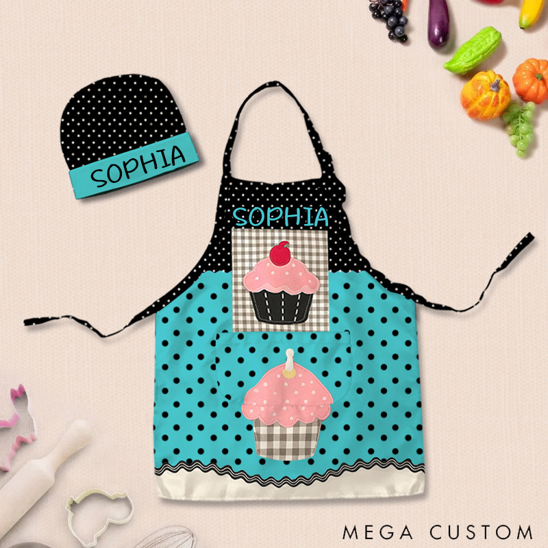 Personalized Polka Dot Color Block Cake Adjustable Kid Apron Chef Hat Set with Pocket and Name for Cooking Baking Birthday Holiday Gift for Kids