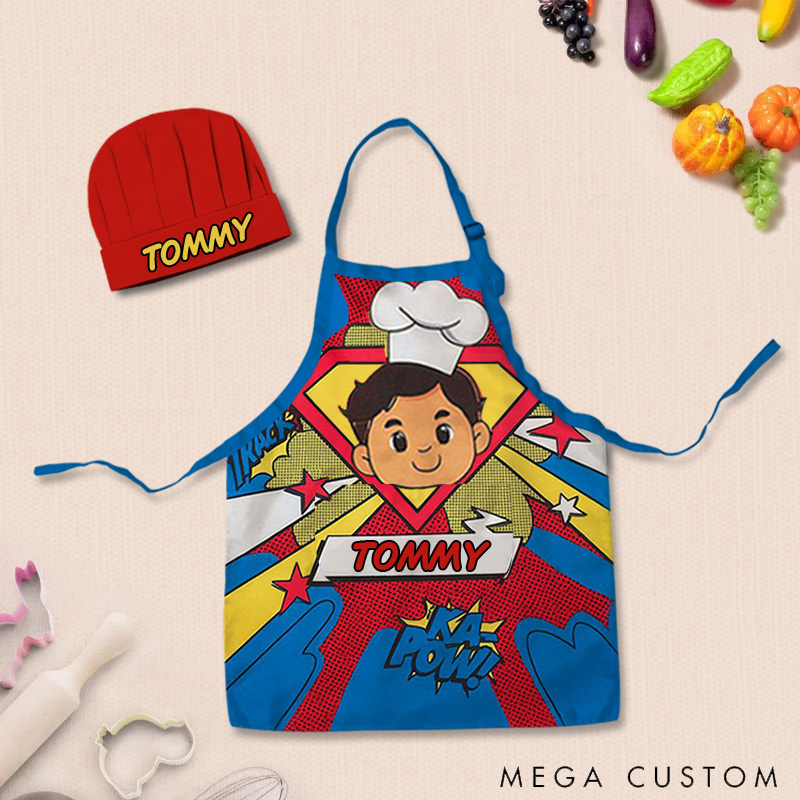 Personalized Comic Style Adjustable Apron Chef Hat Set with Pocket and Name for Cooking Birthday Holiday Gift for Kids