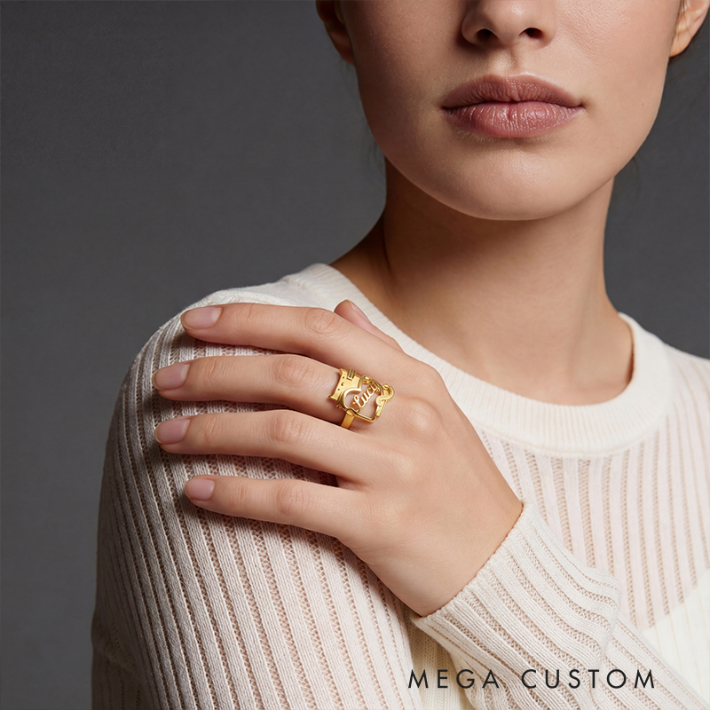 Personalized Cartoon Cat Holding Heart Sterling Silver Name Ring Custom Jewelry for Cat Lovers