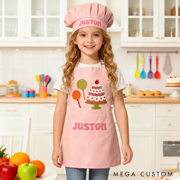 Personalized Cute Dessert Adjustable Kids Apron Set with Name and Pocket for Cooking Crafts Holiday Gift for Girls