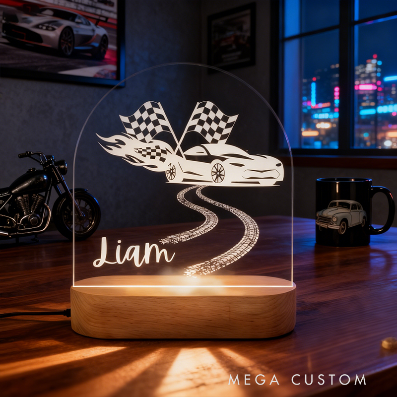 Personalized Night Light Custom LED Lamp with Check Flag Racing Car Design Unique Gift for Racers and Racing Lovers