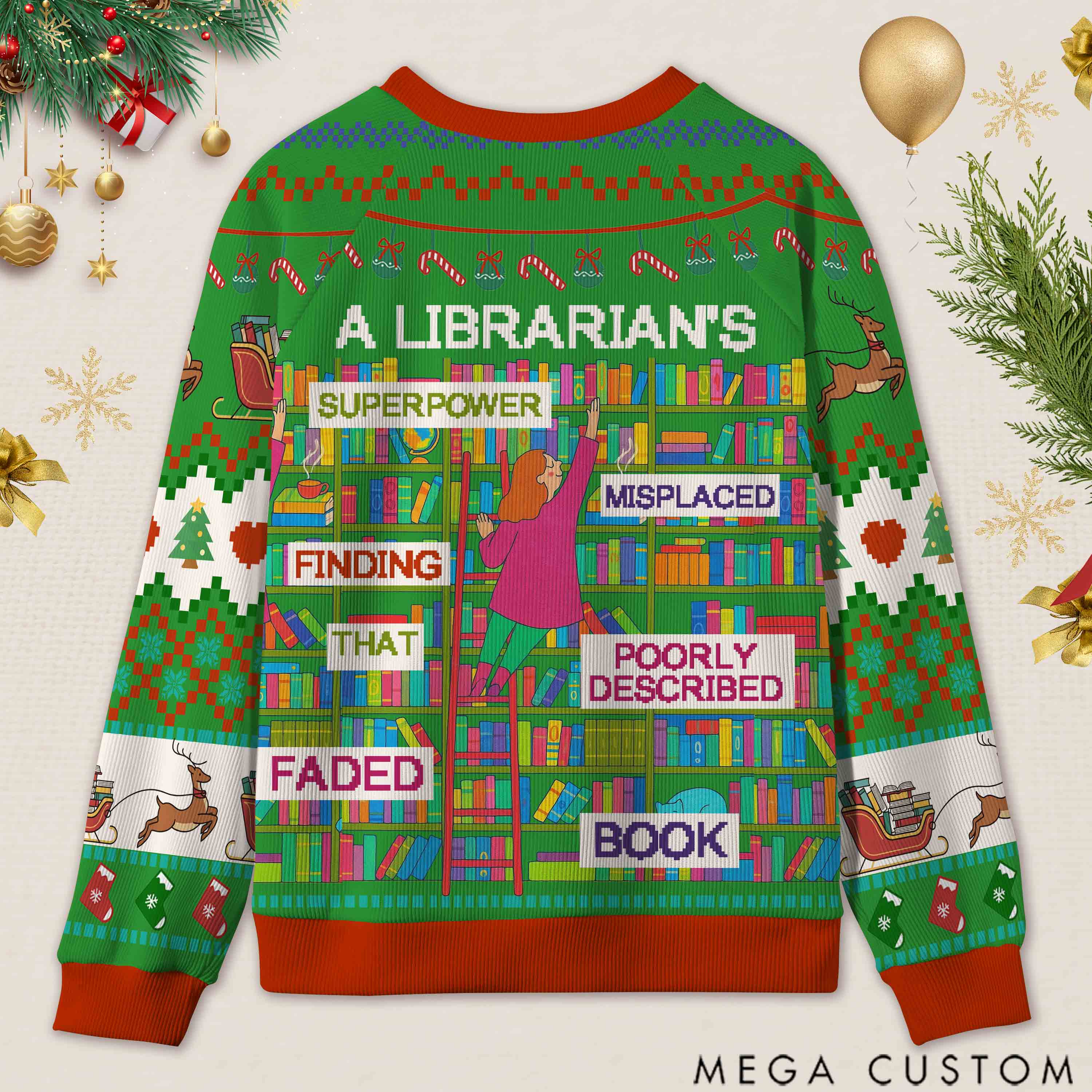 Personalized Librarian Superpowers Funny Ugly Sweater Office Holiday Party Gift for librarian