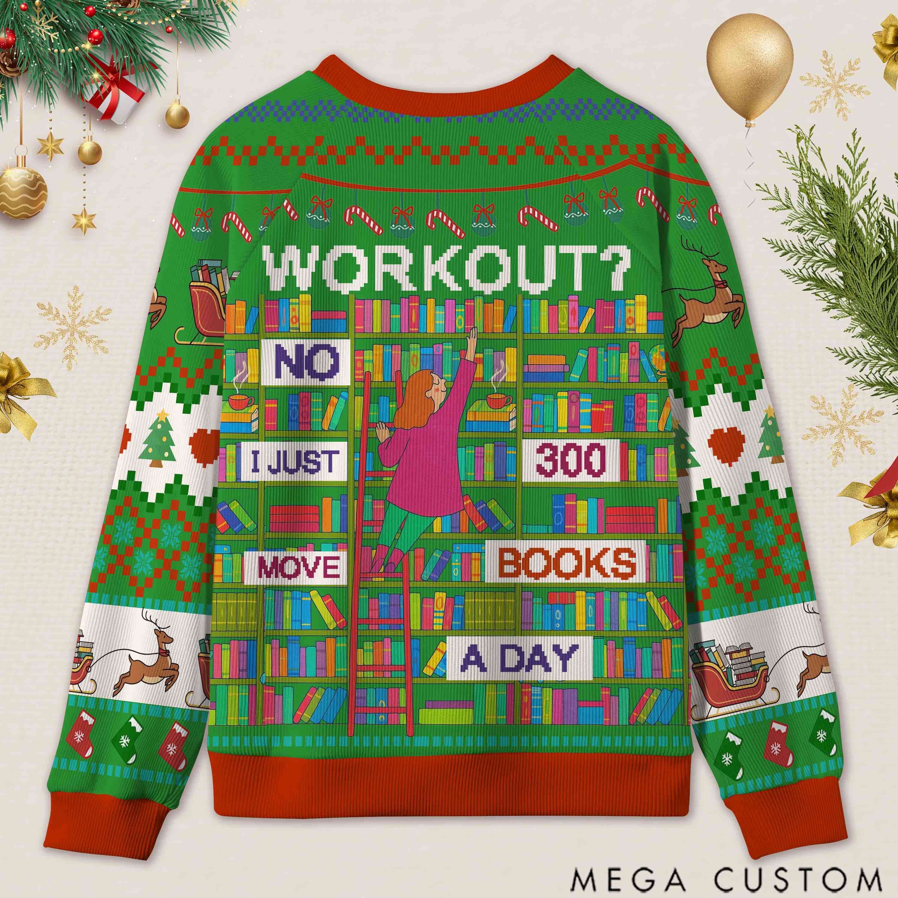Personalized Book Lifting Workout Humor Ugly Sweater Office Holiday Party Gift for Book Lovers
