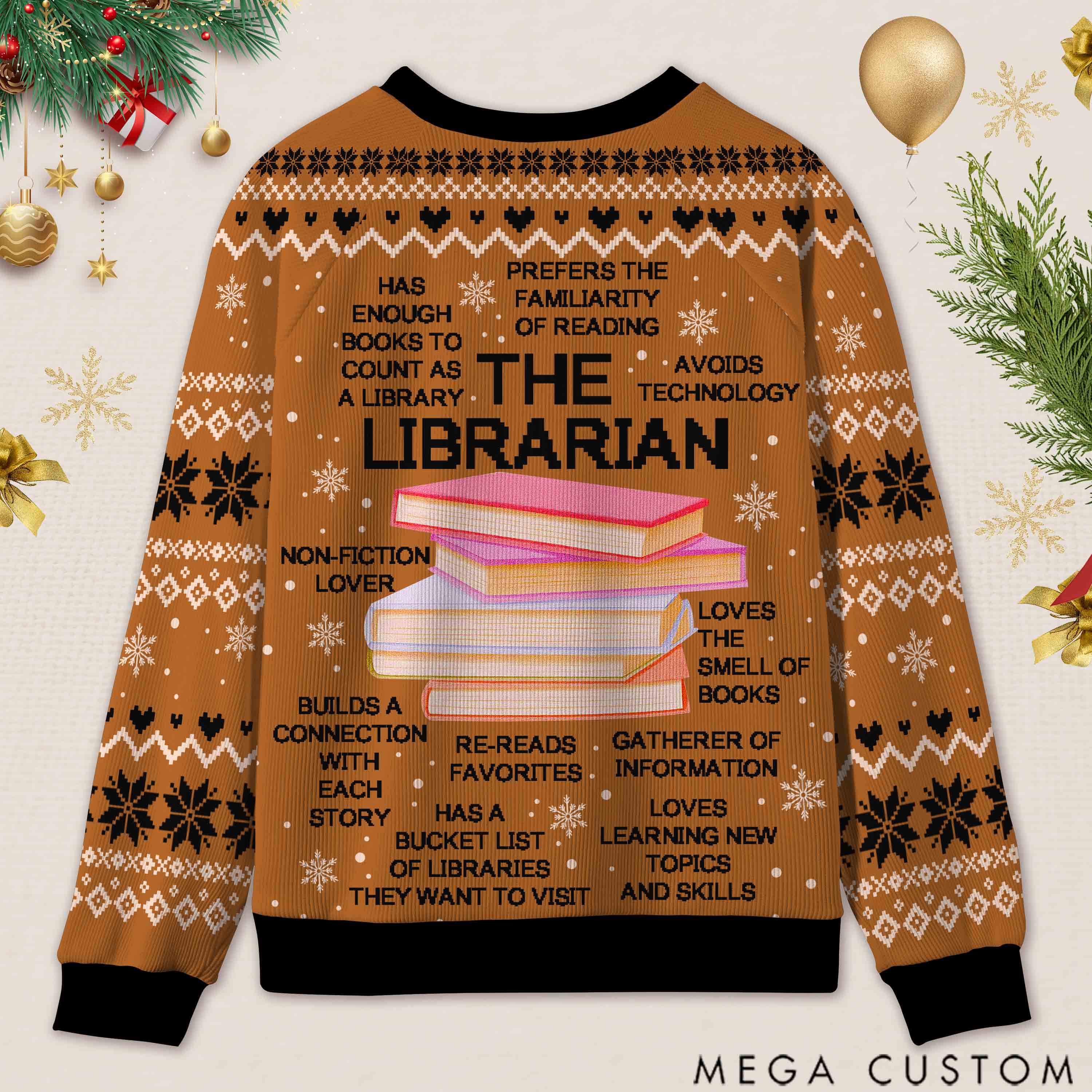 Personalized Librarian Book Spirit Ugly Sweater Holiday Gift for Librarians