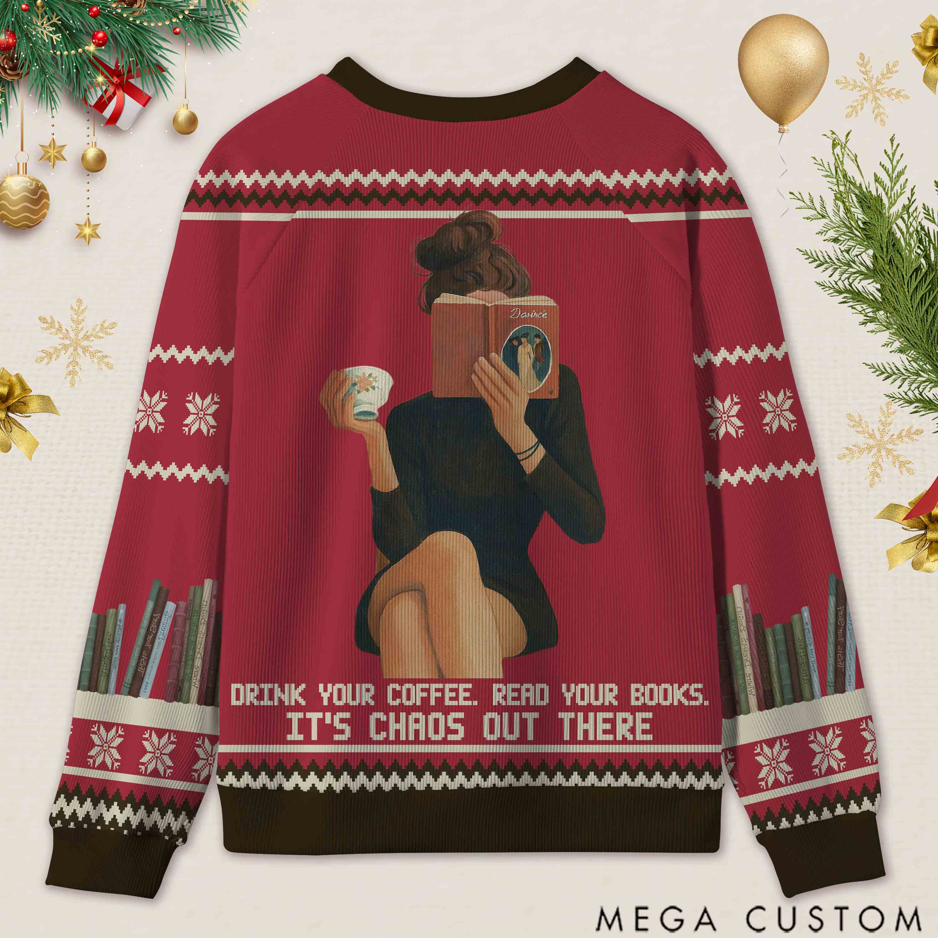 Personalized Bookish Barista Tranquil Reading Ugly Sweater Holiday Gift for Book Lovers