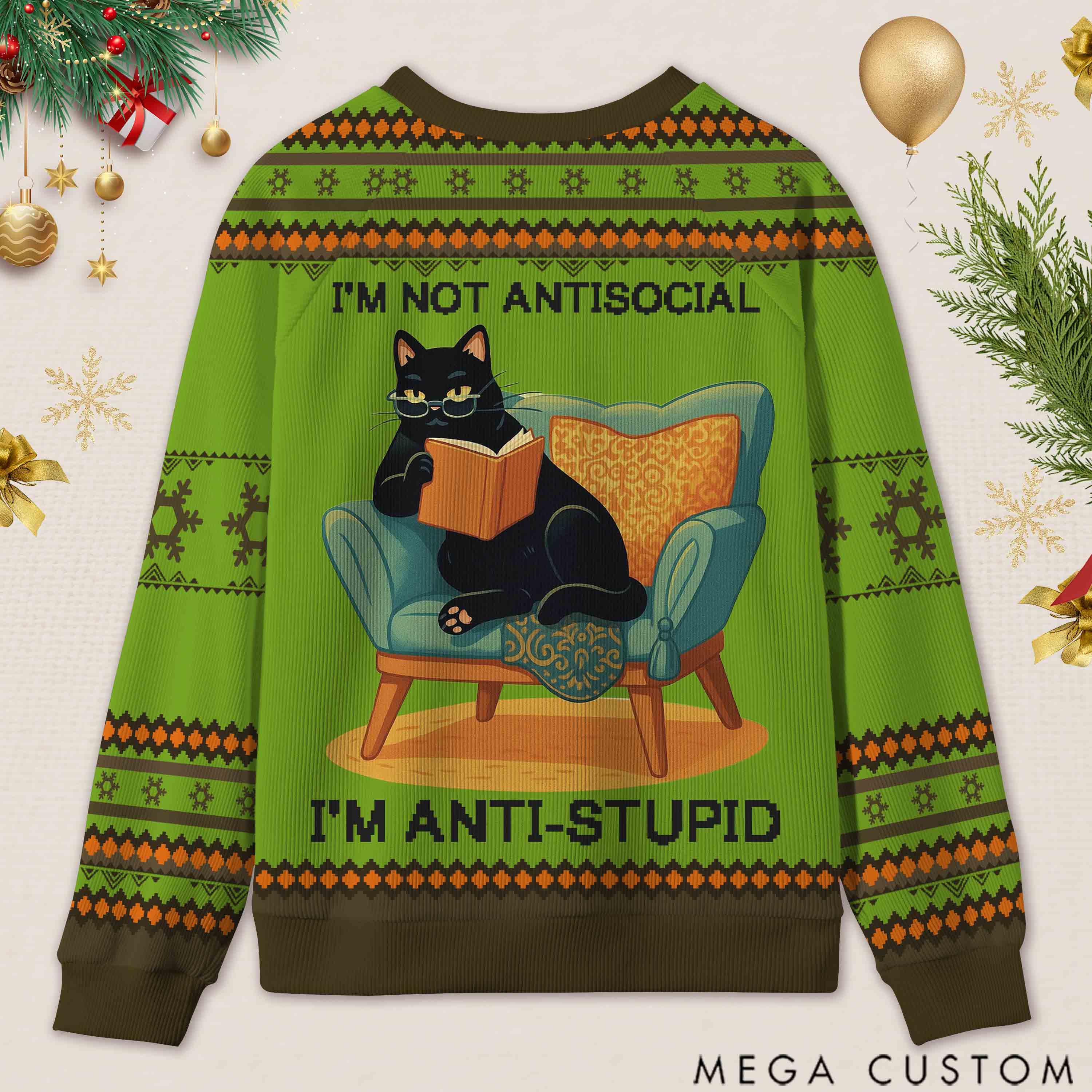 Personalized Wise Bookish Cat Reading Ugly Sweater Holiday Gift for Book Lovers