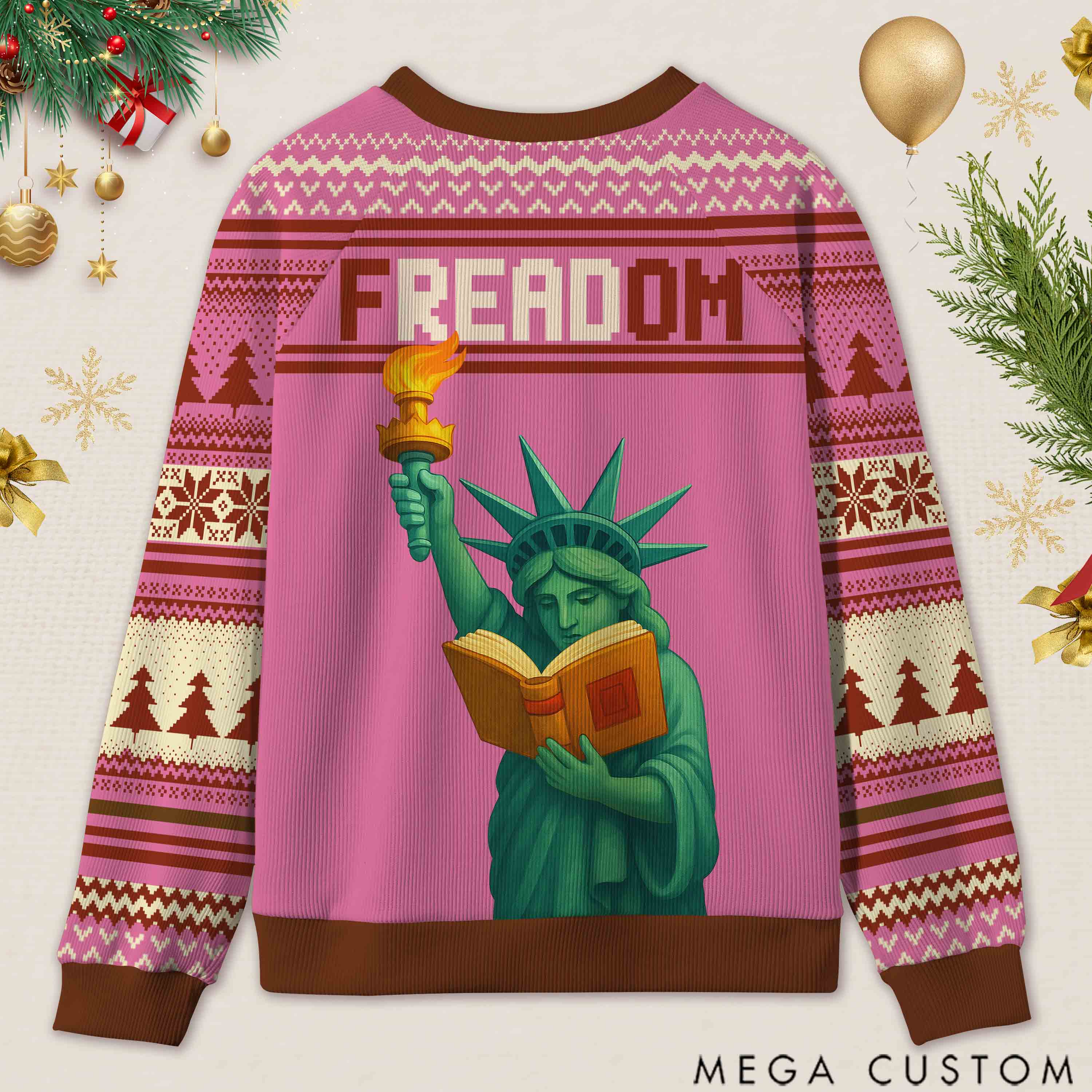 Personalized Reading Freedom Statue Fun Ugly Sweater Holiday Gift for Book Lovers