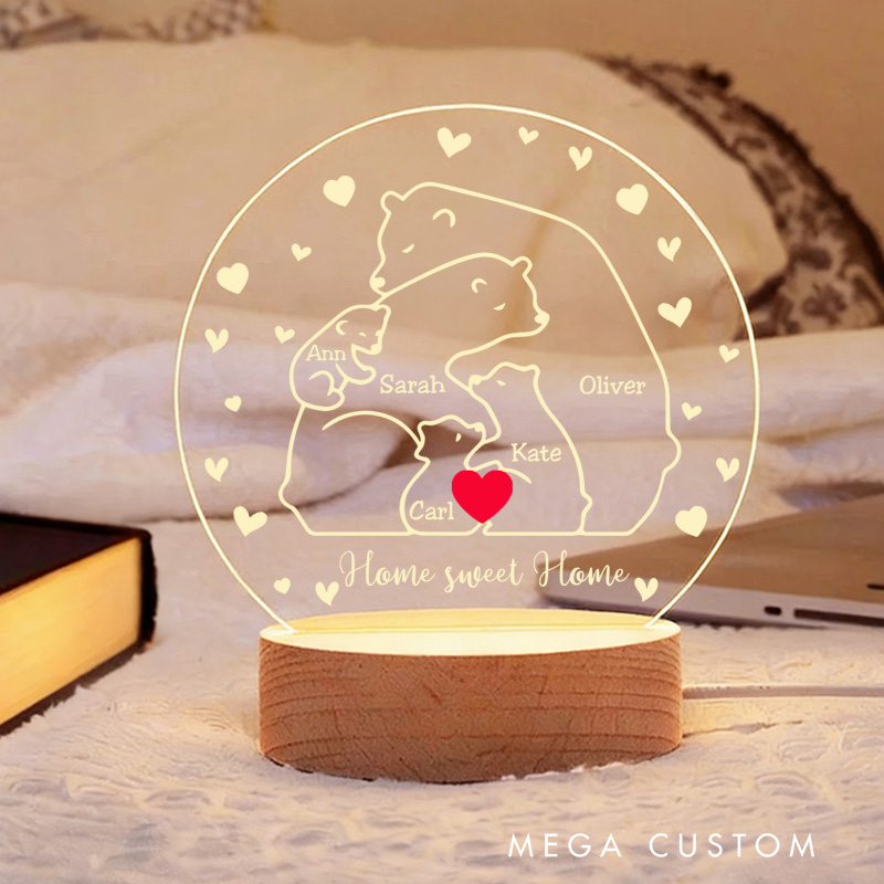Personalized Heart Bear Family Acrylic LED Night Light with Wooden Base and Text Home Decor Gift for Mom Dad Family Bedroom Living Room Decor