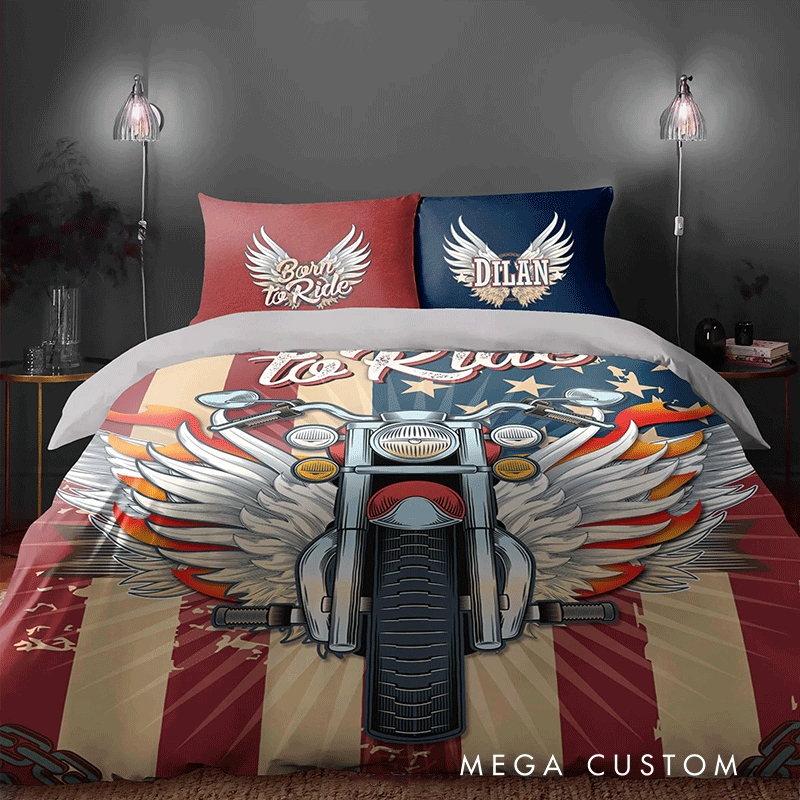 Personalized Born to Ride Duvet Cover Set Custom Chopper Style Comforter for Boys and Men Riders
