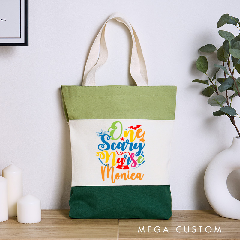 Personalized Nurse Tri Color Canvas Tote Bag Custom One Scary Nurse Design Tote Bag Nurse Application Week Gift
