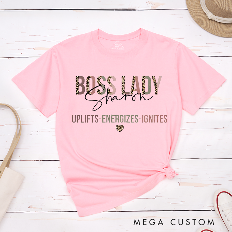 Personalized Leopard Print Retro Boss Lady T-Shirt She Uplifts Energizes Ignites Inspirational Design