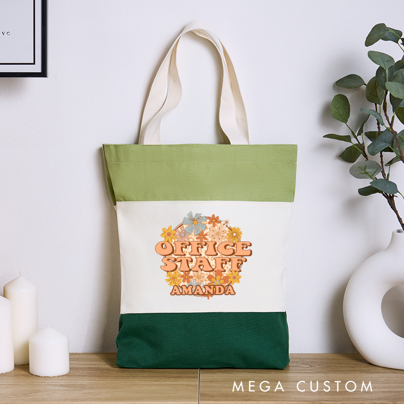 Personalized Office Staff Color Canvas Tote Bag Floral Design Custom Name Gift for Office Coworker