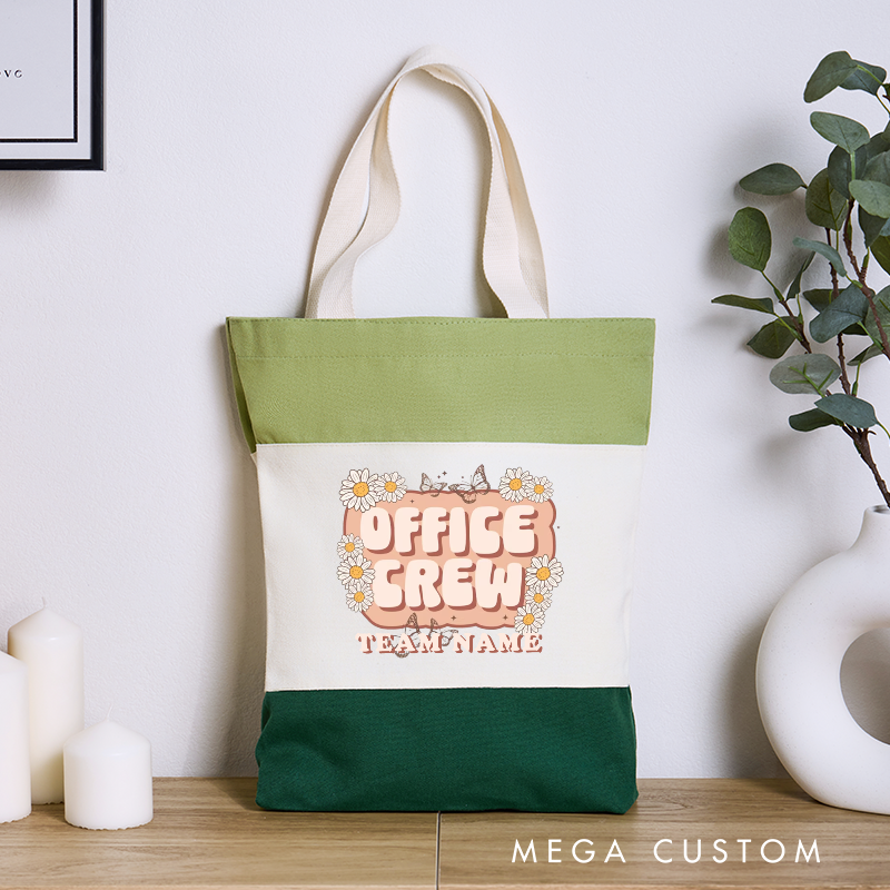 Personalized Office Crew Color Canvas Tote Bag Floral Lettering Design Appreciation Gift for Office Coworker or Employee