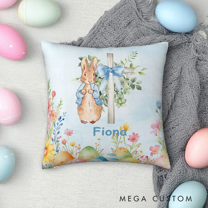Personalized Floral Cross Rabbit Eggs Soft Throw Pillow with Name Home Decor Easter Gift Birthday Gift for Kids 
