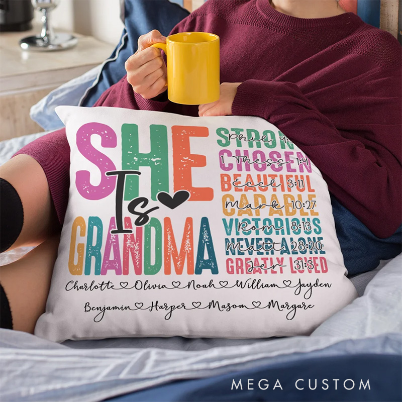Personalized Colorful Letter She Is Mummy Bible Verse Throw Pillow with Nickname Mother's Day Birthday Gift Religious Gift for Mother Grandmother