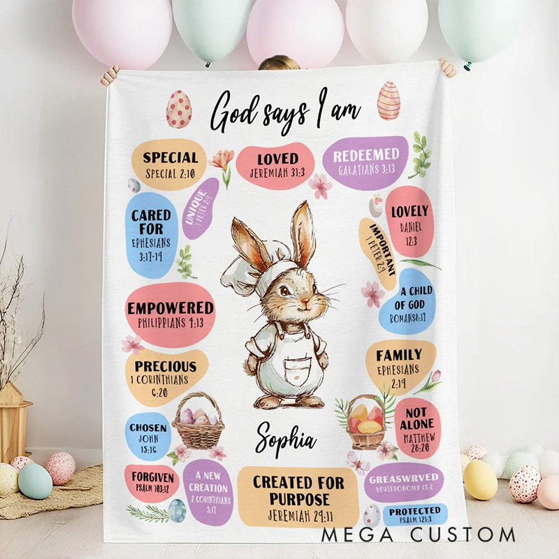 Personalized God Says I Am Dream Job Bunny Soft Throw Blanket with Name Home Decor Birthday Gift Easter Gift for Kids 