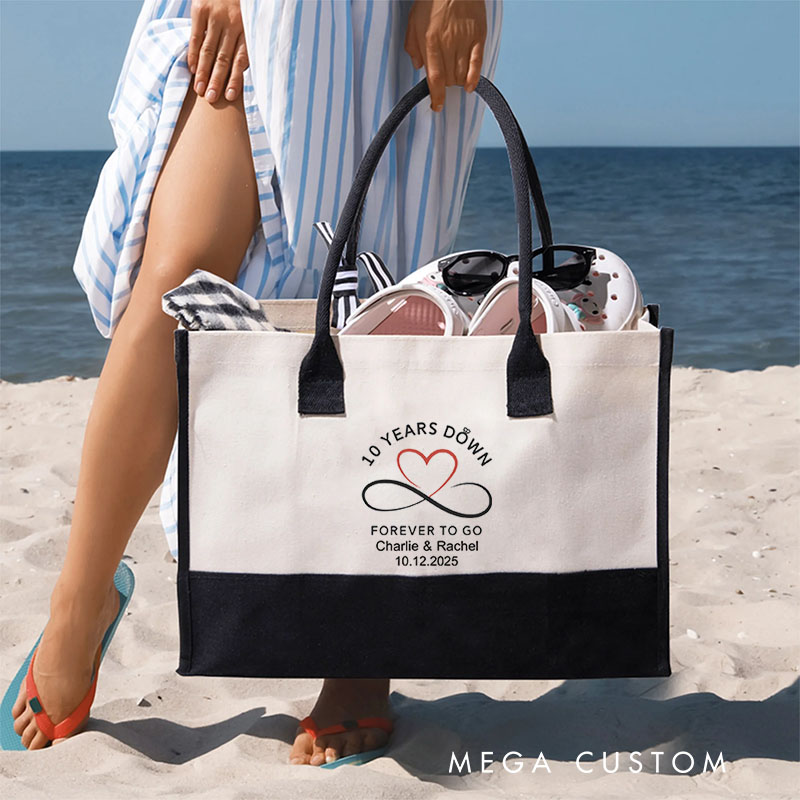 Personalized Couple 10th Anniversary Tote Bag Large Capacity Couple Anniversary Travel Bag Beach Trip Bag for Her