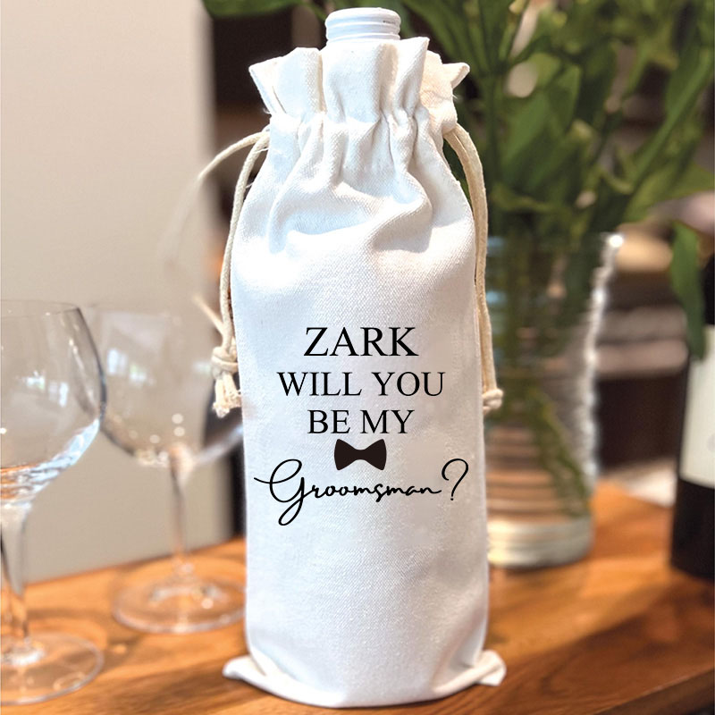 Personalised Groom Wine Bottle Bag Luxury Cotton Drawstring Bags Wedding Wine Tote Bag Gift for Him