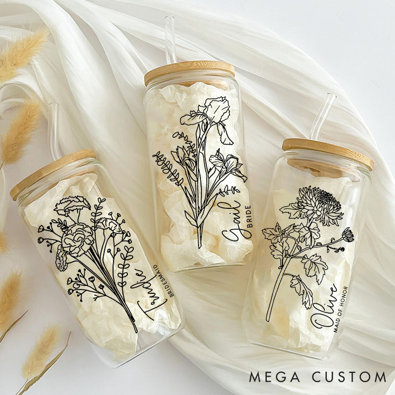 Personalized Bridesmaid Birth Flower Can Glasses with Lid and Straw Bride Wildflower Coffee Cup Bachelorette Party Gift