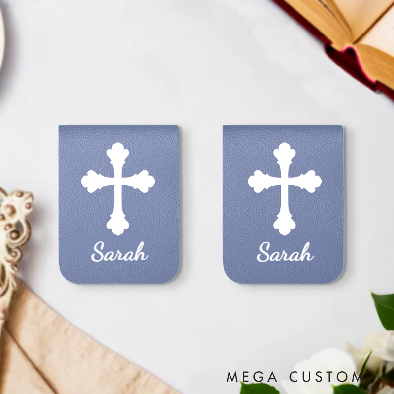 Personalized Cross Birth Flowers Magnetic Leather Bookmark Clip with Name Baptism Birthday Gift for Bookworms Christian Bible Reader