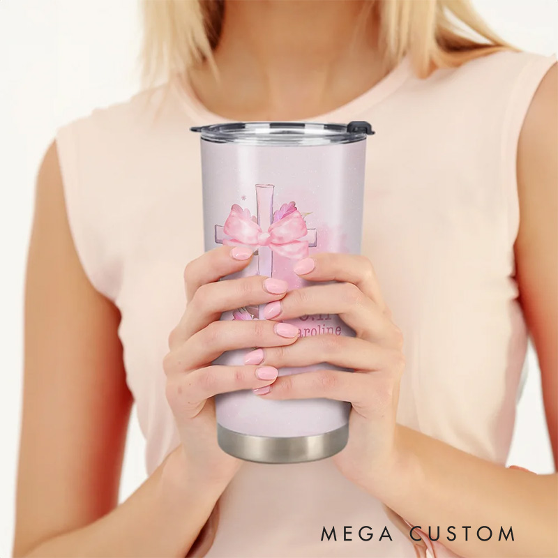 Personalized Pink Coquette Bow Tie Cross 20oz Tumbler with Name Birthday Gift Religious Gift for Women and Girls