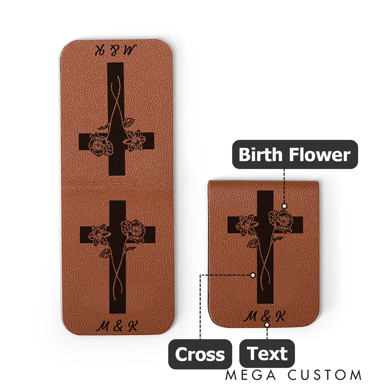 Personalized Cross Birth Flowers Magnetic Leather Bookmark Clip with Name Birthday Gift for Bookworms Christian Bible Reader