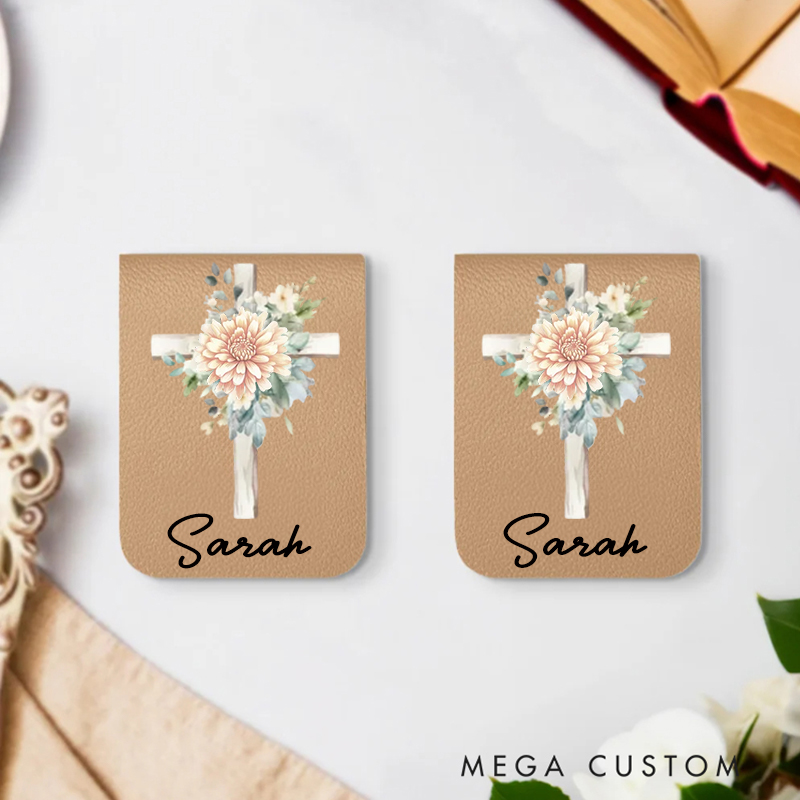 Personalized Watercolor Cross 1-5 Birth Flowers Magnetic Leather Bookmark Clip with Name Birthday Gift for Bible Reader Book Lover Christian